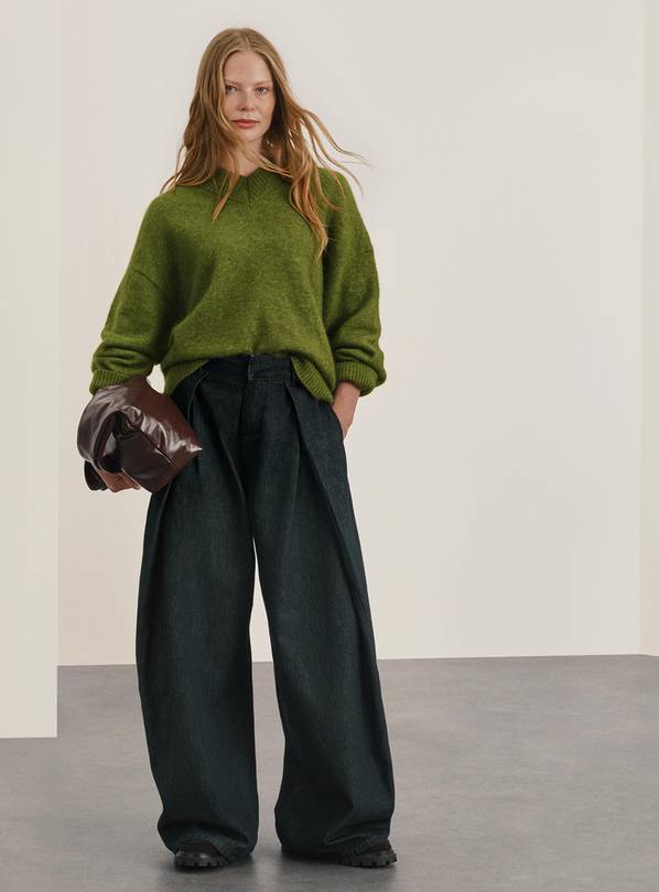 Dark Denim Pleat Wide Leg Trousers 14